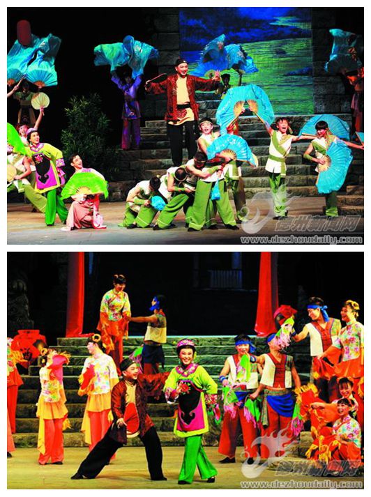 剧中人物唐二带领下的传统花灯表演